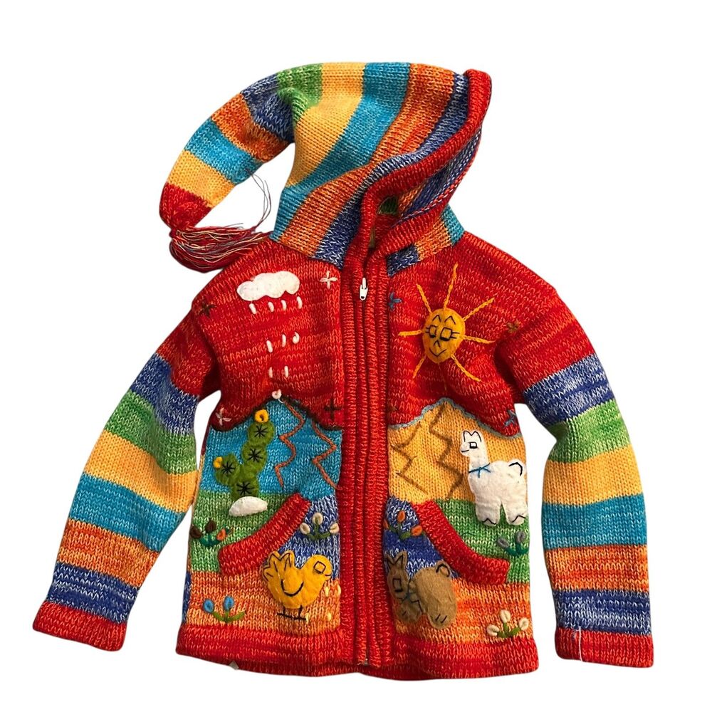 Sisandina Red‎ Multicolor Animals Embroidered Wool Hoodie Sweater Kids Size 2
